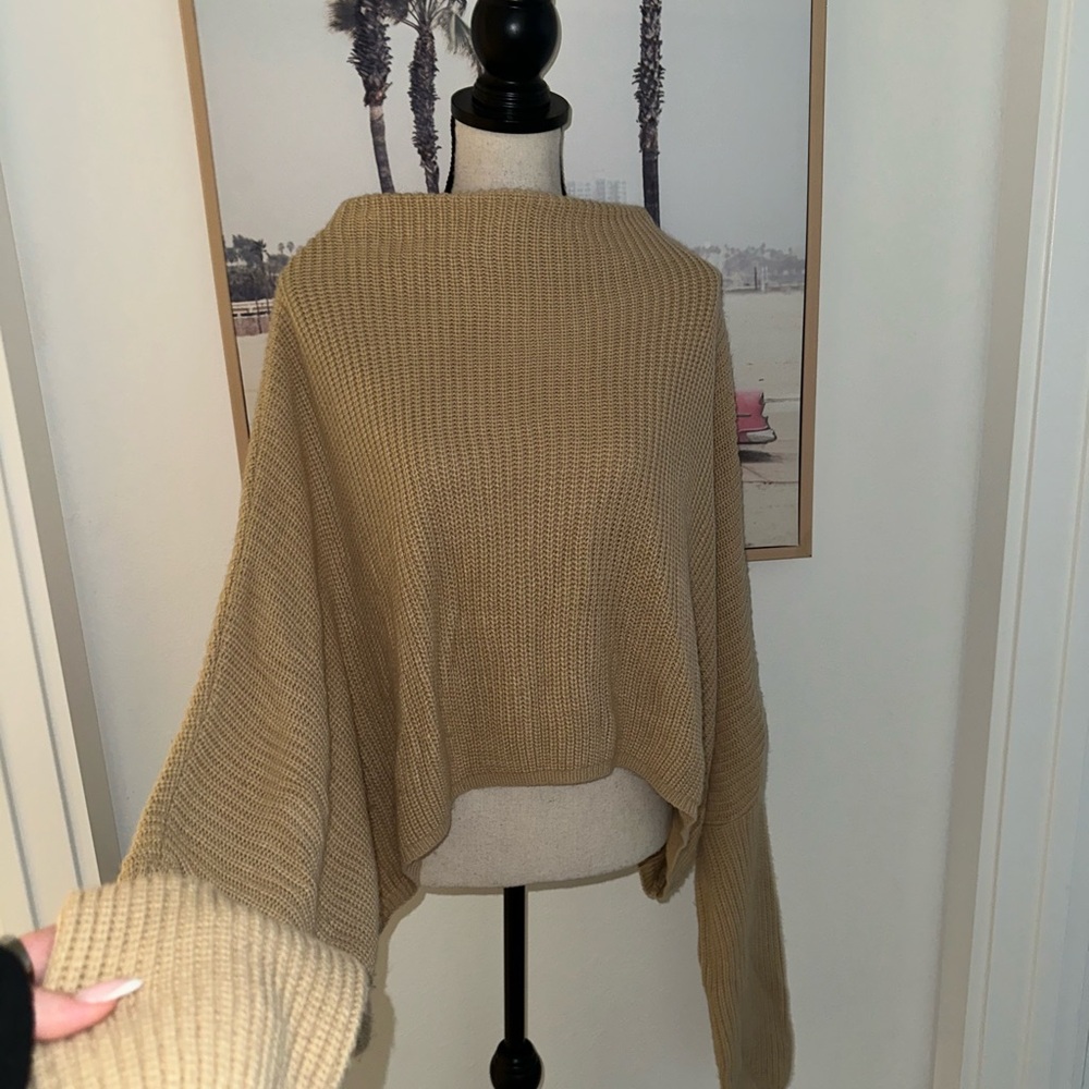 Chunky Knit Poncho Sweater Tan Oversized Boat Neck Cozy Fall Layering Size XS